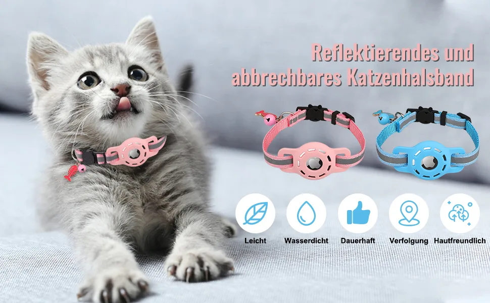 Diyife Airtag cat neck band 2-pack reflective GPS light tracker cat neck bands with Airtag case quick lock bell 20-33 cm adjustable for cats kitten blue & pink - product information 1