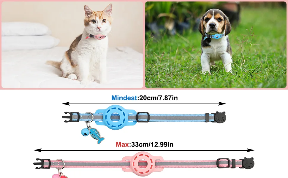 Diyife Airtag cat neck band 2-pack reflective GPS light tracker cat neck bands with Airtag case quick lock bell 20-33 cm adjustable for cats kitten blue & pink - product information 7