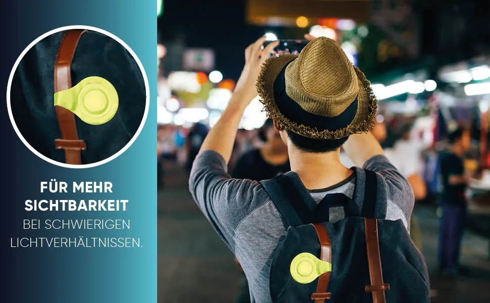KD -Tech 5 Set Magnetic reflectors - reflective infection magnets for maximum visibility - for backpack jacket stroller and more (green) - Ein Mann mit Rucksack und einem Reflektor