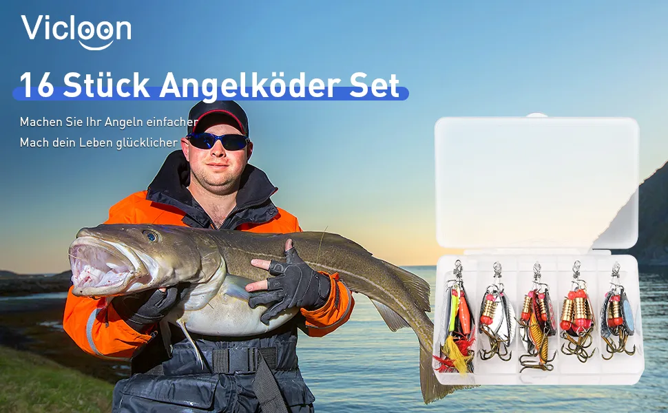 Vicloon Spinner Blinker Set 16 pieces of fishing baits with triplets hook sequins artificial bait for trout perch salmon pike wallelye - Vicloon Spinner Blinker Set-1