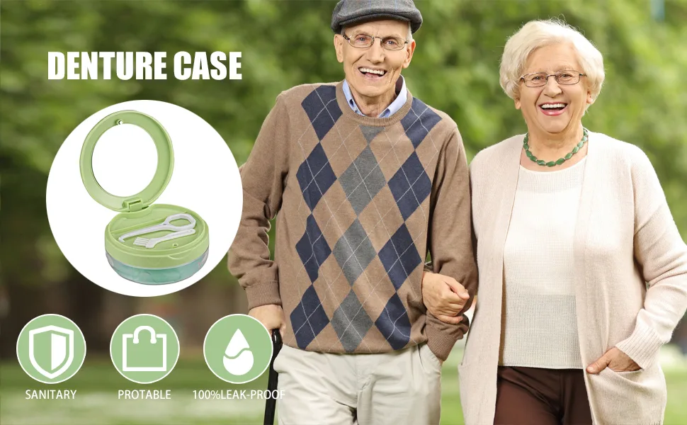 Didatool prosthetic dose leak -proof storage case for dentures portable denture can with mirror and user storage layer ideal for trips and daily use (green) - zahnprothesen behälter