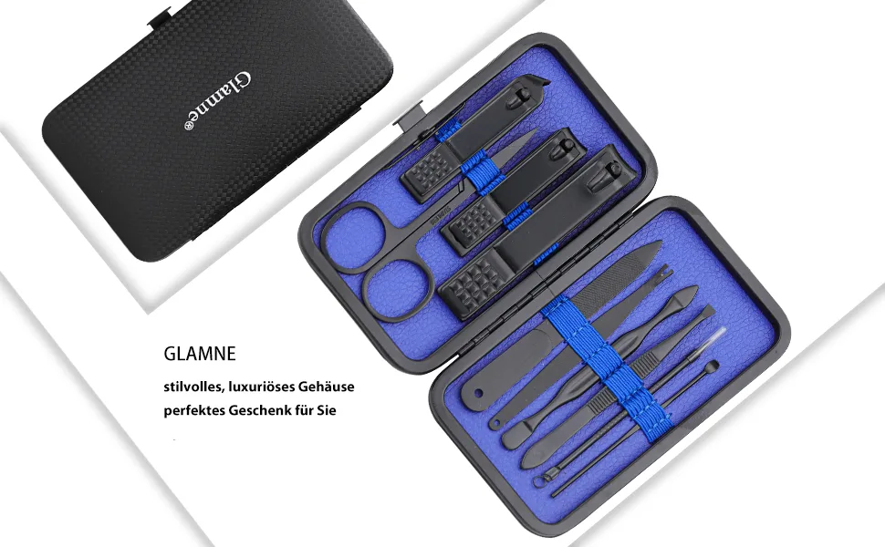 Glamne Manicure Set Nail Clippers Set Professional Stainless Steel Nail Care Tools with Leather Travel Case 10 in 1 Blue - Nagelschneider Set