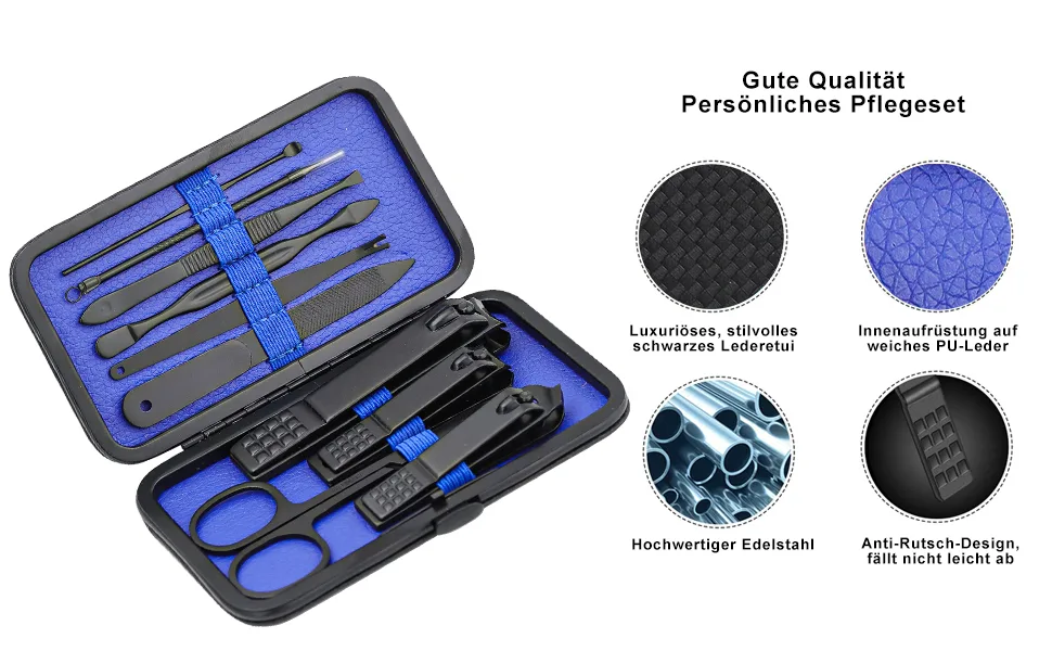 Glamne Manicure Set Nail Clippers Set Professional Stainless Steel Nail Care Tools with Leather Travel Case 10 in 1 Blue - Nagelschneider Set