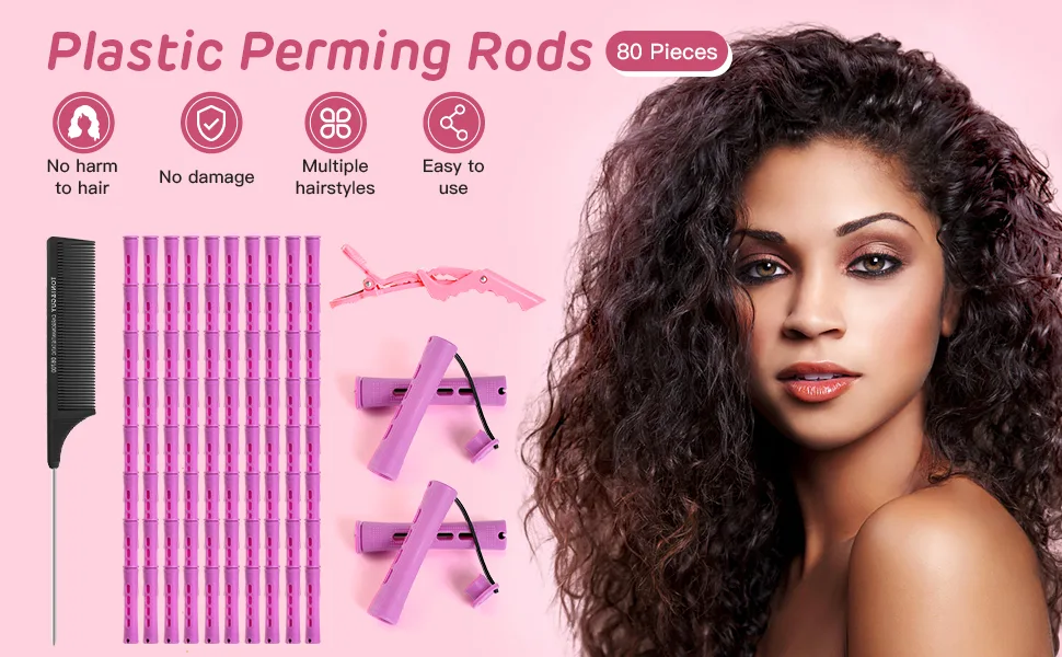 80 Pieces Hair Perm Rods Short Cold Wave Rods Plastic Perming Rods Hair Curling Rollers with Tail Comb & HairClips for Hairdressing Styling(Purple) - perm rod
