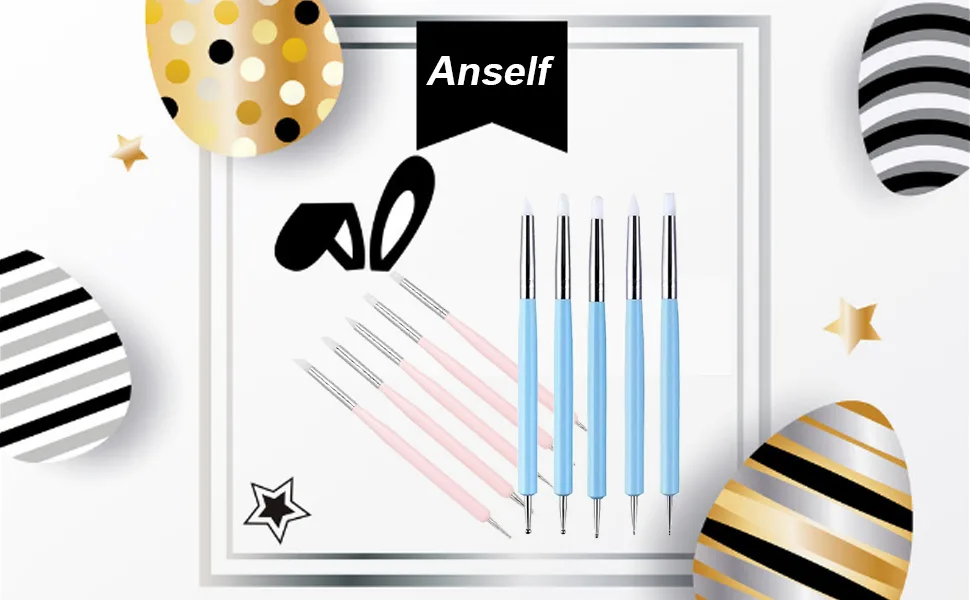 Anself 5pcs 2-Way Nail Art Dotting Tools Silicone Nail Pen UV Gel Nail Art Brush #1 Pink - product information 1