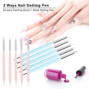 Anself 5pcs 2-Way Nail Art Dotting Tools Silicone Nail Pen UV Gel Nail Art Brush #1 Pink - product information 2