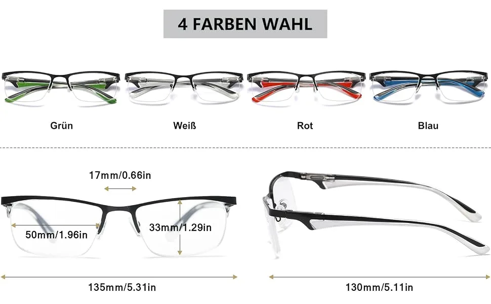 Magimodac Reading glasses Blue light filter Half frame Reading glasses Rectangular reading aid Feders hinge metal visual aid with PU leather case for men women blue 2.5 diopters - halbrahmen lesebrille herren, lesebrille herren mit etui hülle, metallbrille mit sehstärke