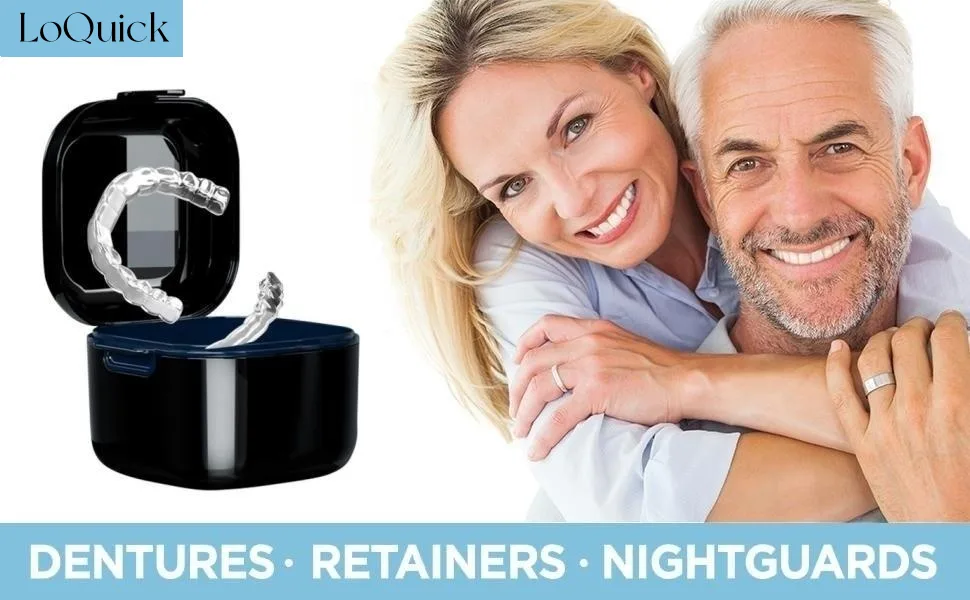 Loquick denture box with sieve prosthesis box retainer container portable container for false teeth hygienic denture container for incorrect teeth storage (black) - product information 1