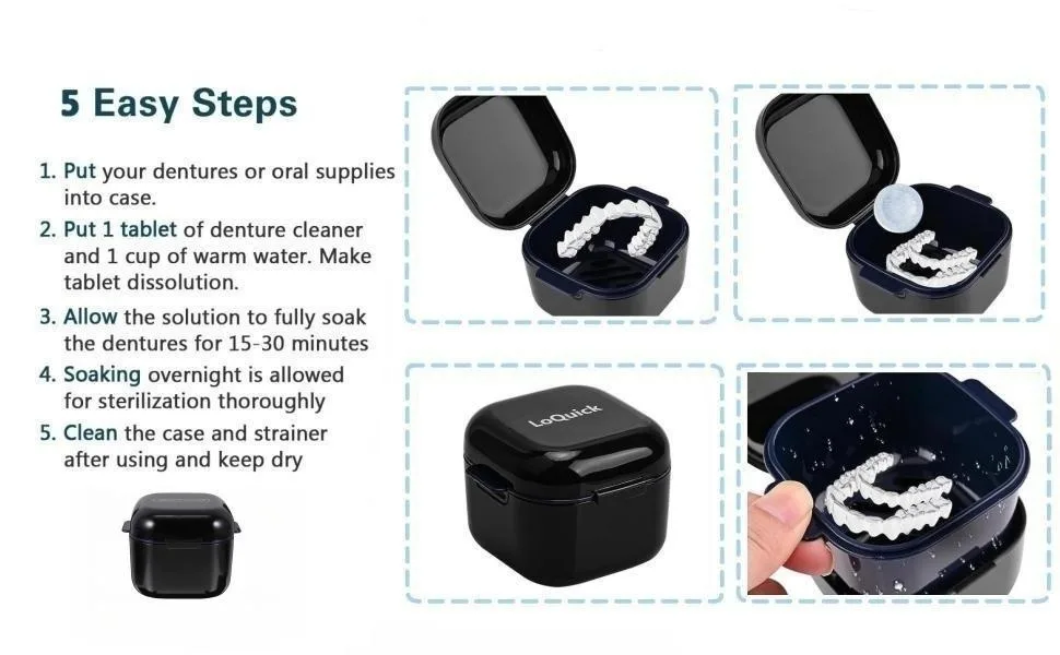 Loquick denture box with sieve prosthesis box retainer container portable container for false teeth hygienic denture container for incorrect teeth storage (black) - product information 7