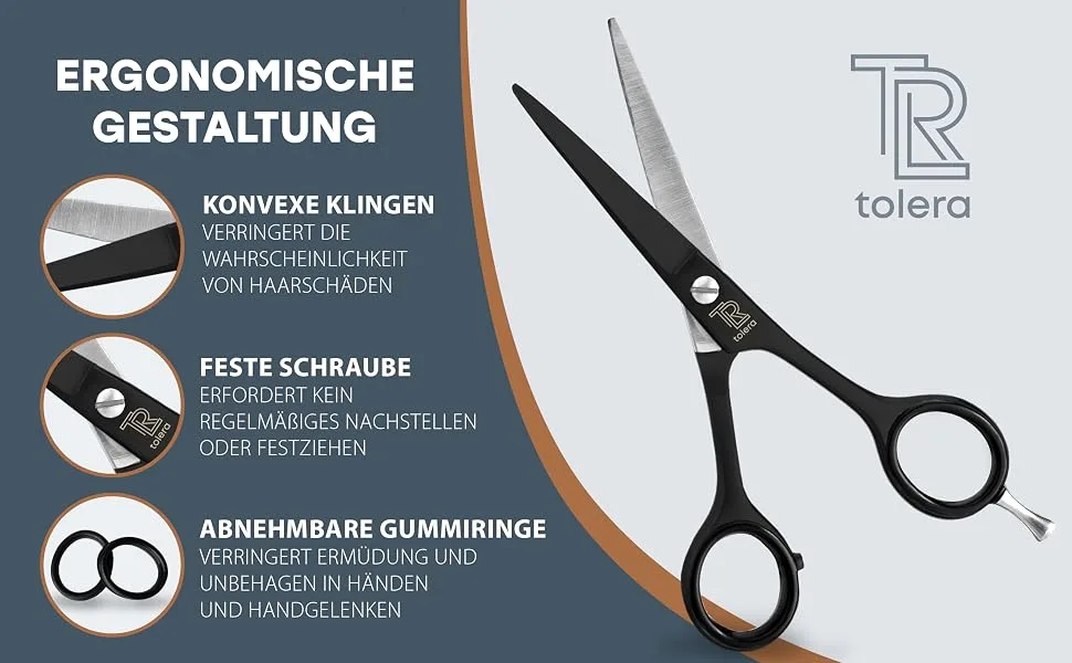 TOLERA hairdressing scissors including case | hair scissors - sharp & precise - unisex hair cutting scissors (black) - Ergonomische Gestaltung