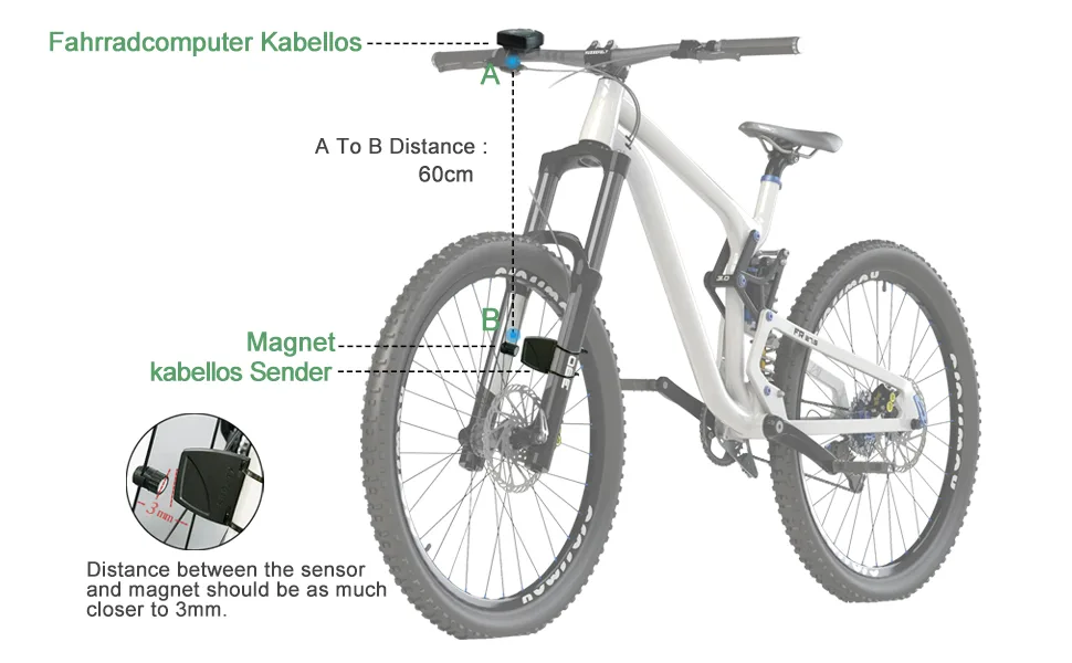 Bicycle computer digitally wirelessly bicycle axis waterproof wireless kilometer counter with automatic waking up and LCD backlight white - INTUITIVES INSTALLATIONSDIAGRAMM