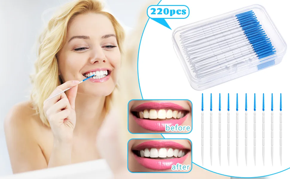 220pcs Interdental Brushes 2 in 1 Silicone Toothbrushes Dental Floss Picks Toothbrushes for Braces Teeth Cleaning Blue - 1 Stück