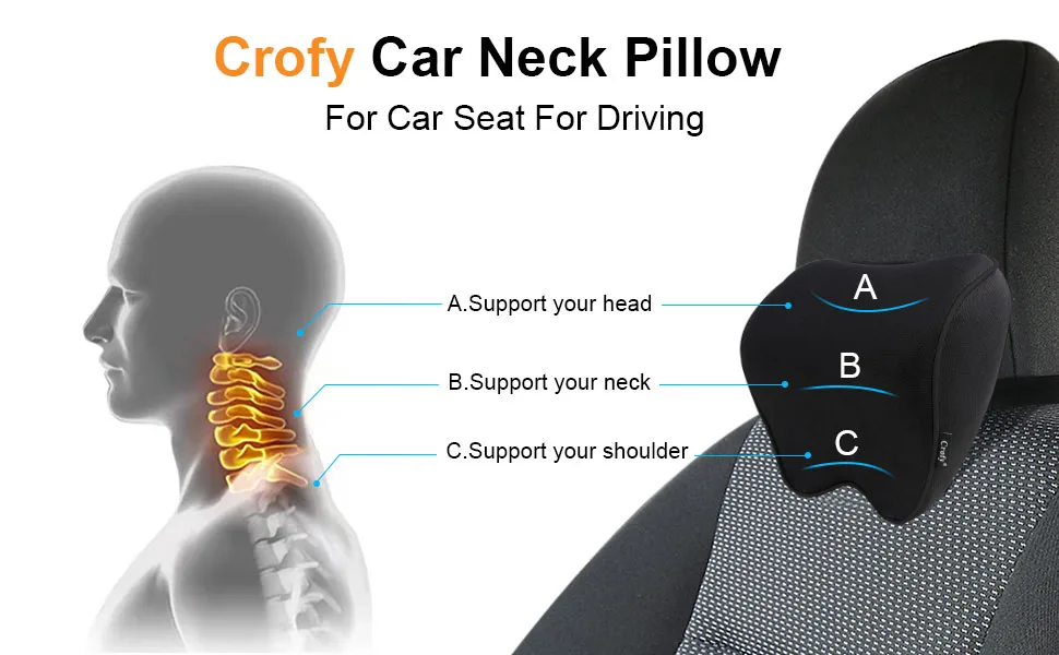 2-pack car neck pillow softness car headrest pillow for driving with adjustable straps 100% memory foam and breathable removable cover (black side rope) - Car Neck Pillow (Black Side Rope)