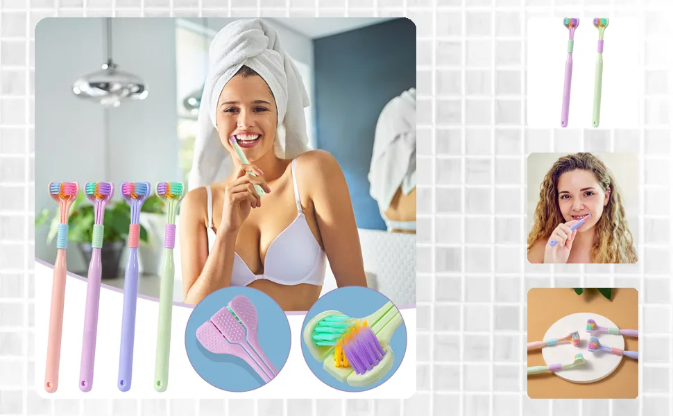 4 Pack Three Head Toothbrush Toothbrush with Soft Bristles Toothbrush Bristles Travel Toothbrush for Adults V-shaped Toothbrush - 10352851-1