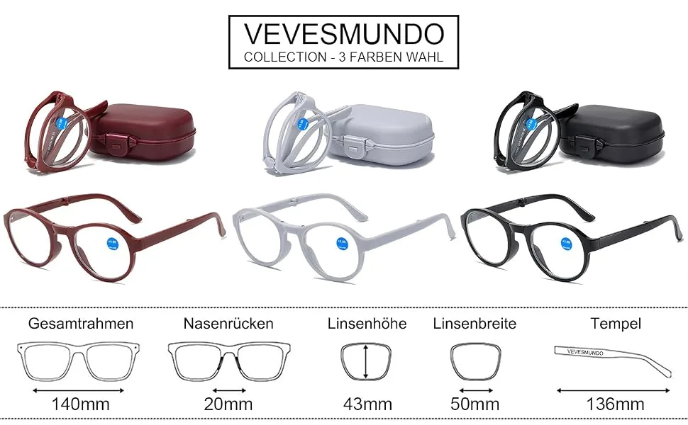 Vevesmundo blue light filter round reading glasses foldable foldable folding glasses folding glasses men women small compact reading aid visual aid glasses with case 3 pieces anti blue light reading glasses 2.0 x x - lesebrille rund,lesebrille rund retro,lesebrille rund damen,nerdbrille mit stärke herren lesebrille
