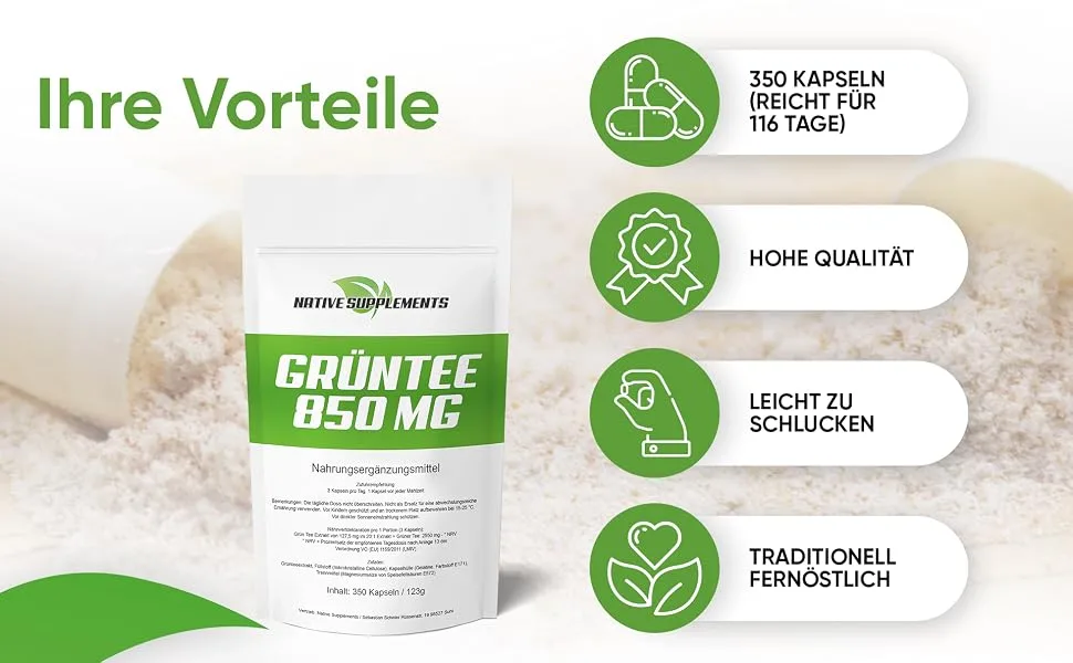 Green Tea Extract - XL Bulk - 350 Capsules - 850mg Green Tea per Capsule - High Dose Green Tea Green Tea Capsules Exclusive Quality - grüner tee pulver tabletten beutel diät abnehmen am bauch schnell