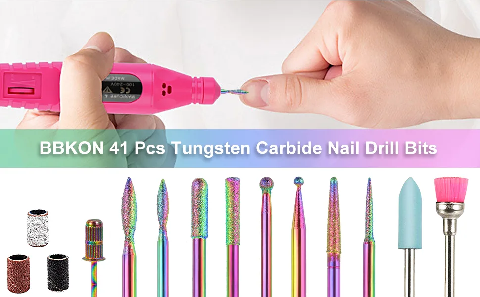 BBKON 10Pcs Nail Drill Bits with 30pcs Sanding Bands and Replacement Mandrel, Professional Tungsten Carbide Diamond Cuticle for Acrylic Nails Removal, Manicure Shaping Remove Tools, Home Salon Use - Nail Drill Bits kit