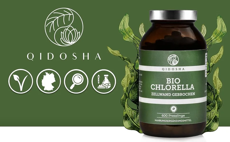 Qidosha Bio Chlorella Pressing 600 pcs/glass 500mg chlorella per pressing 100% natural bio-chlorella vulgaris powder from controlled organic cultivation with already broken cell wall - Bio Chlorella