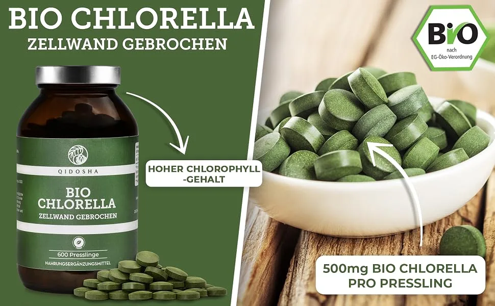 Qidosha Bio Chlorella Pressing 600 pcs/glass 500mg chlorella per pressing 100% natural bio-chlorella vulgaris powder from controlled organic cultivation with already broken cell wall - Bio Chlorella