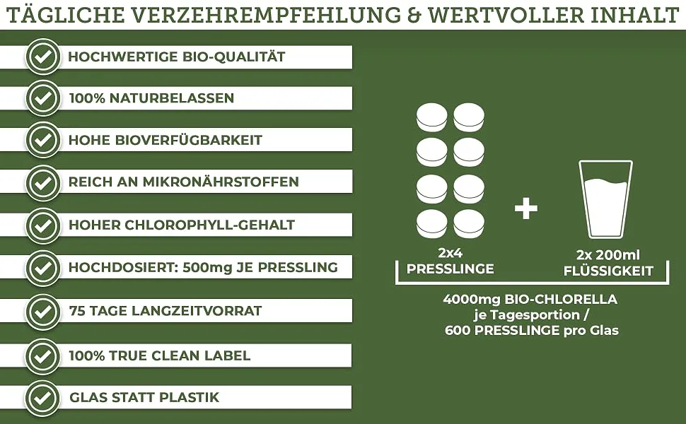 Qidosha Bio Chlorella Pressing 600 pcs/glass 500mg chlorella per pressing 100% natural bio-chlorella vulgaris powder from controlled organic cultivation with already broken cell wall - Bio Chlorella
