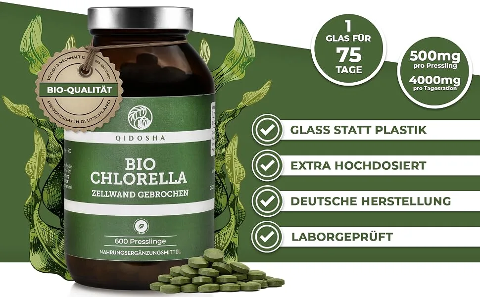 Qidosha Bio Chlorella Pressing 600 pcs/glass 500mg chlorella per pressing 100% natural bio-chlorella vulgaris powder from controlled organic cultivation with already broken cell wall - Bio Chlorella