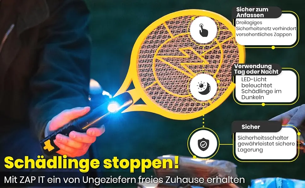 Zap it! Bug Zapper- rechargeable mosquito fly and mosquito killer bug zapper racket- 4 000 volts- USB charging superhelle LED light for zapping in the dark- safe (medium) medium- 1 pack - product information 3