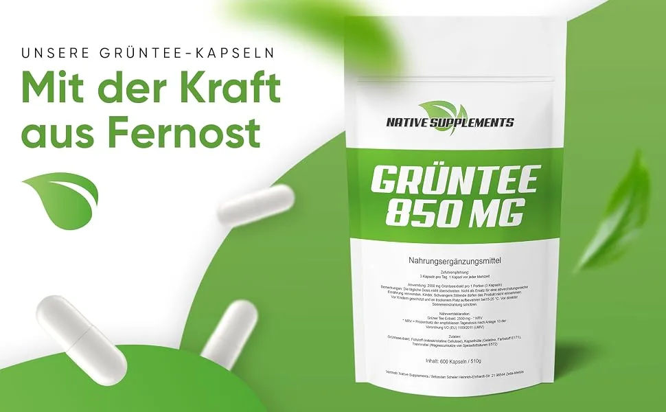 600 capsules |Green tea extract storage pack |850mg green tea per capsule |Green tea highly dose |100%-performance |Green tea capsules |Exclusive quality - native supplements diet kapseln fettverbrennung abnehmen schnell
