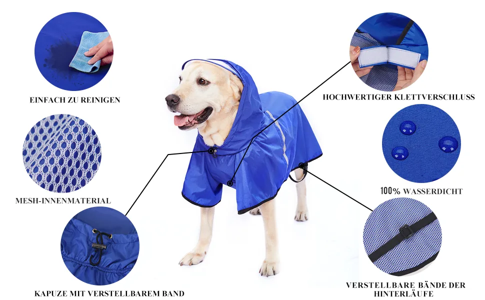 Docio dogs raincoat rain jacket with a hood & collar hole & reflective strip waterproof dog jacket for medium -sized large dogs 4xl blue 4xl (1 Pack) blue - product information 2
