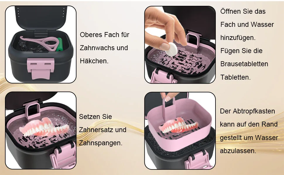 BVN leak -proof prosthesis box upgraded carrying tooth bath box with filter tooth shell for soaking dentures travel retainer cleaning case for (black+pink).Black+pink - care