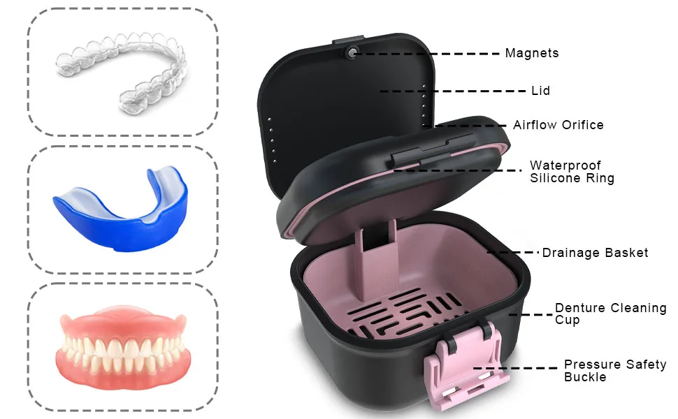 BVN leak -proof prosthesis box upgraded carrying tooth bath box with filter tooth shell for soaking dentures travel retainer cleaning case for (black+pink).Black+pink - care