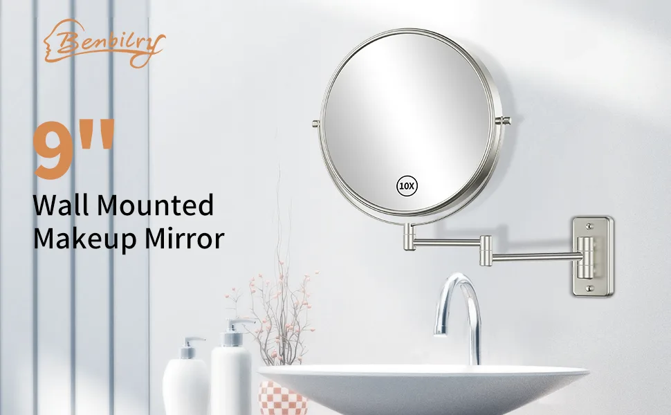 Benbilry 9" Large Size Wall Mounted Makeup Mirror with 10X Magnification, Extendable Double Sided Vanity Mirror, 360° Swivel Magnifying Bathroom Mirror with Folding Arm for Shaving Nickel - product information 6