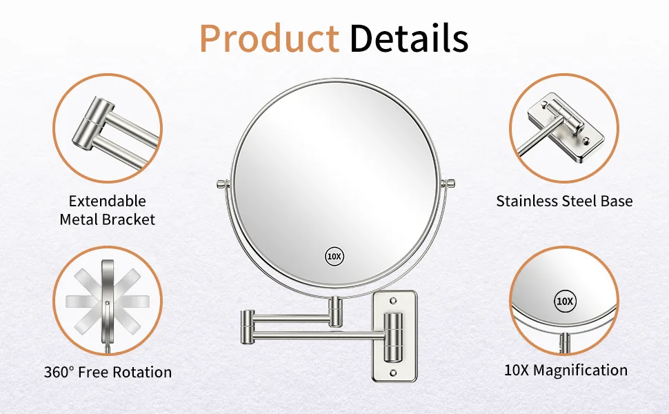Benbilry 9" Large Size Wall Mounted Makeup Mirror with 10X Magnification, Extendable Double Sided Vanity Mirror, 360° Swivel Magnifying Bathroom Mirror with Folding Arm for Shaving Nickel - product information 8