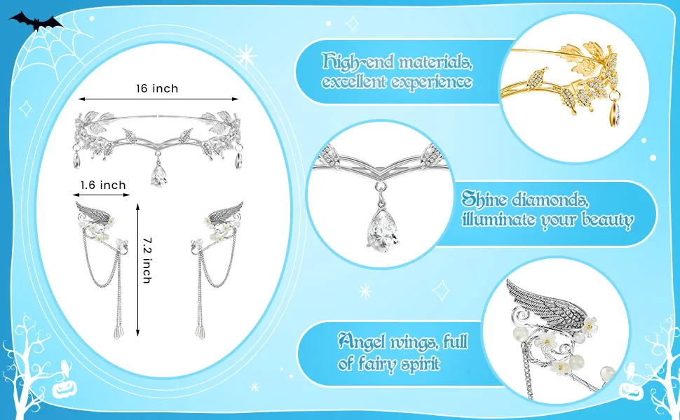 3 Pieces Rhinestone Leaf Headband and Elf Ear Cuffs Crown Headband Earrings Accessories for Cosplay Decoration Silver - product information 3