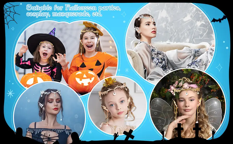 3 Pieces Rhinestone Leaf Headband and Elf Ear Cuffs Crown Headband Earrings Accessories for Cosplay Decoration Silver - product information 4