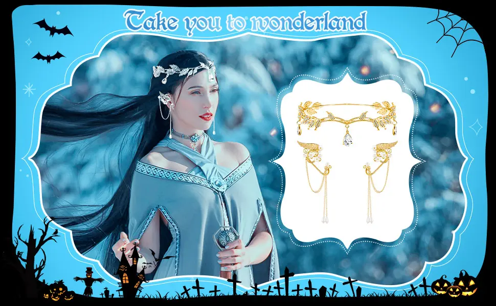 3 Pieces Rhinestone Leaf Headband and Elf Ear Cuffs Crown Headband Earrings Accessories for Cosplay Decoration Silver - product information 5