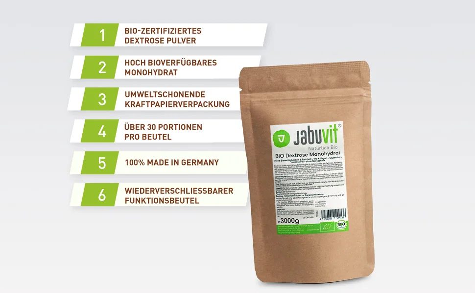 Jabuvit-Bio Dextrose Monohydrate highly bio-available monohydrate organic certified dextrose highest purity environmentally friendly power pap Packaging made in Germany (3 kg) 3 kg (1 Pack) - Dextrose Monohydrat