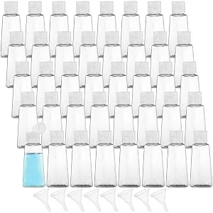 Soujoy 40 pieces of empty plastic bottles 60 ml transparent refillable with folding lock and 8 transfer lids convincable portable for shampoo lotions creams - product information 3
