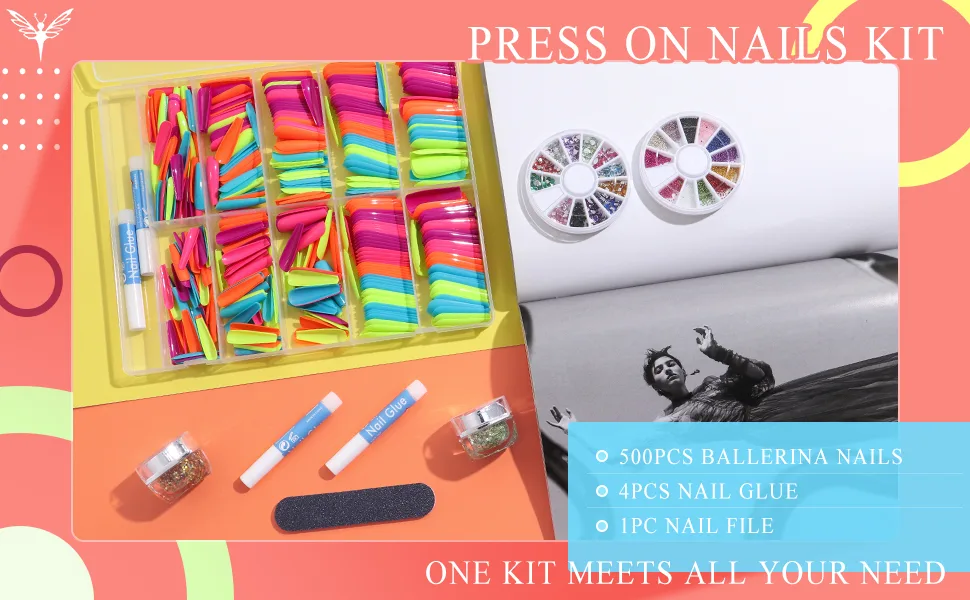 Ejiubas 500Pcs Glossy Press on Nails - Long Acrylic Nails Press ons False Nails for Women, Stick Glue on Nails Set with Glue Nail File, Nail Art Salon Ballerina French Fake Tips 04-color set 2 - press on nails