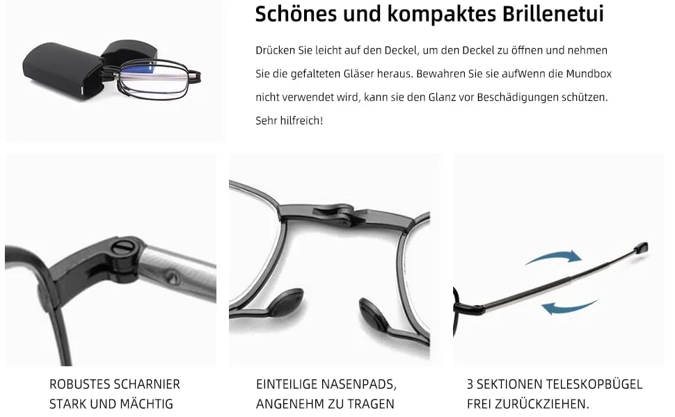 Kokobin foldable reading glasses made of stainless steel mini anti-blue long help for women and men reading aid with hard shell case (silver +1.5) silver +1.5 - Faltbare Lesebrille Mini-Lesebrille