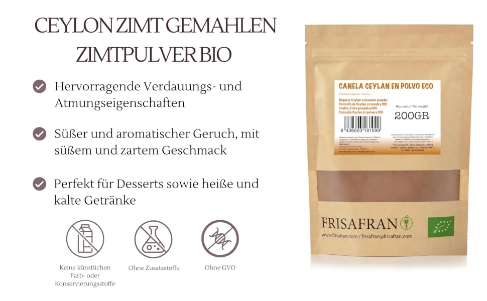 Frisafran |Bio Ceylon cinnamon ground |100g |Cinnamon powder |Cinnamon ceylon |Ceylon |Cinnamon Bio ground |Mashed cinnamon |Cylon cinnamon |Bio Ceylon cinnamon ground 1 piece (1 pack) - ceylan 1