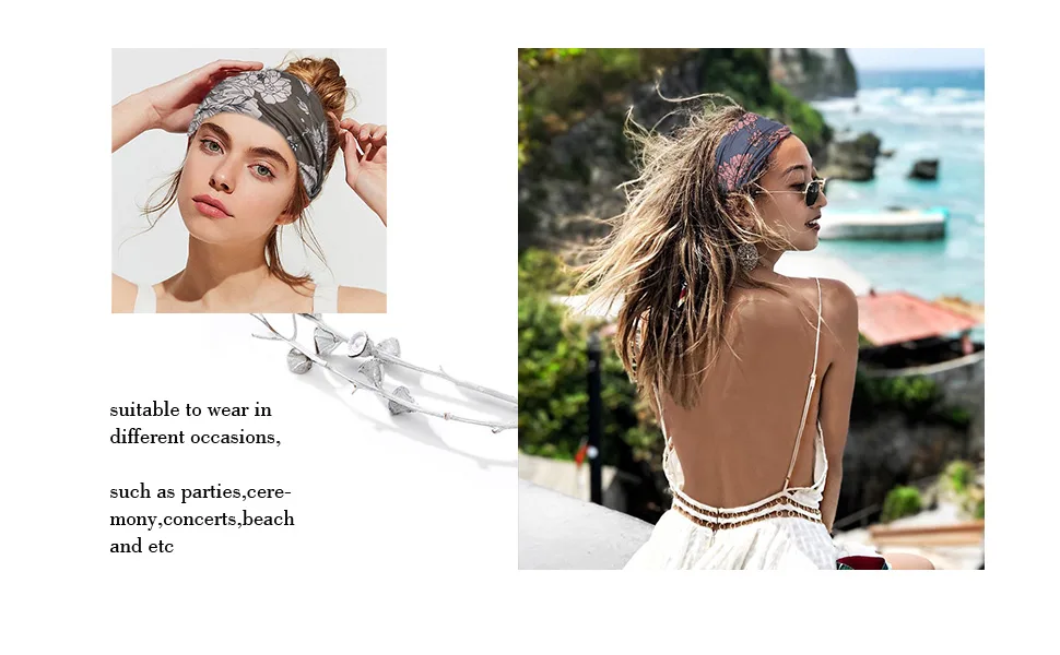 Zoestar Wide Boho Headbands Yoga Headband Vintage Printed Elastic for Women Girls Boho 3 Pack Boho. - Modellshow.