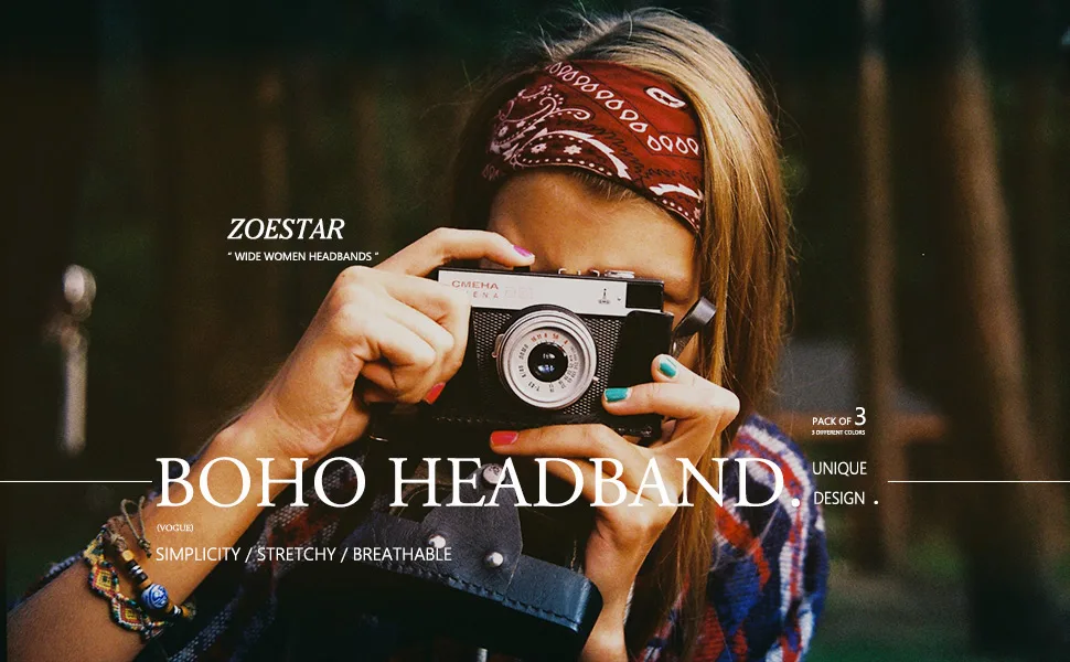 Zoestar Wide Boho Headbands Yoga Headband Vintage Printed Elastic for Women Girls Boho 3 Pack Boho. - Zoestar