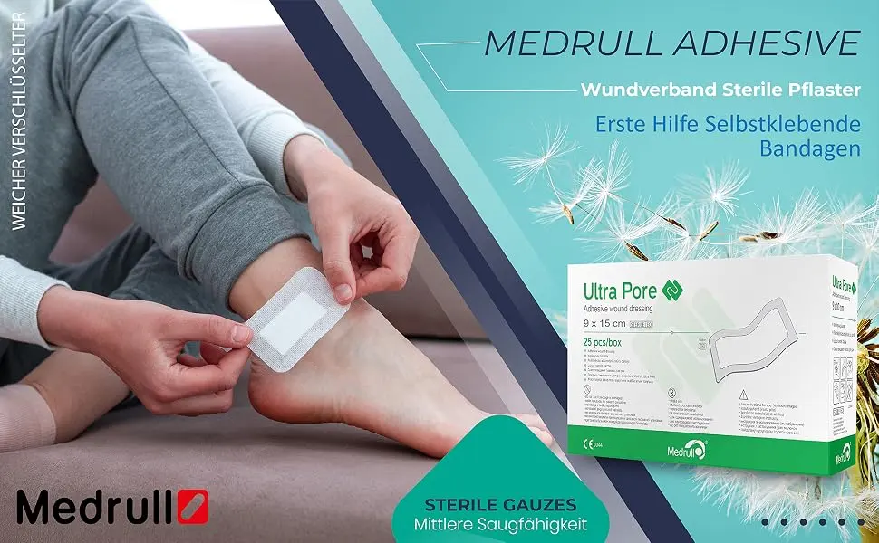 Medrull sterile wound patch 9x15 cm plaster ultra pore sensitive sterile wound association - strong adhesive power - protects in cuts & scratches - individually packaged 25 pack 9x15 cm (25 pack) - medrull