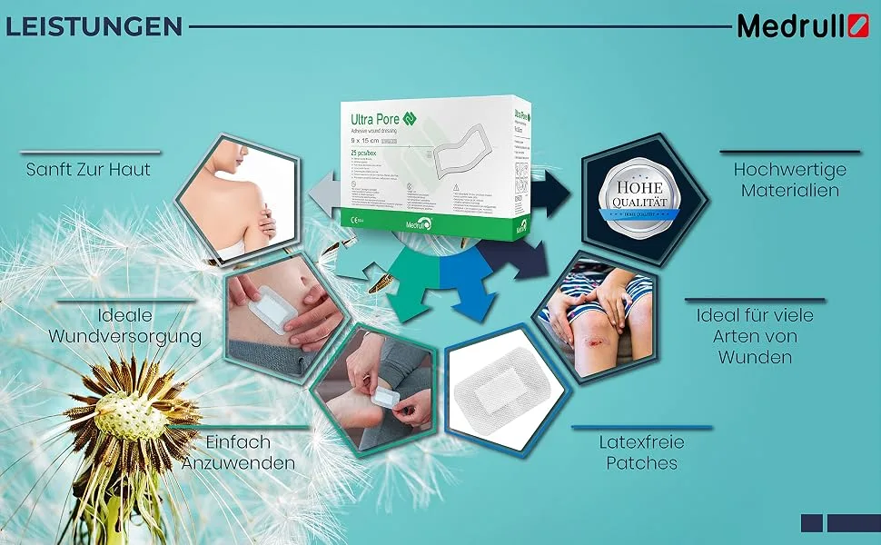 Medrull sterile wound patch 9x15 cm plaster ultra pore sensitive sterile wound association - strong adhesive power - protects in cuts & scratches - individually packaged 25 pack 9x15 cm (25 pack) - medrull