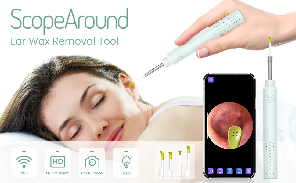 Ear Wax Removal Tools, Otoscope Ear Cleaning Camera,Scopearound Ear Endoscope with 6 Adjustable LED Lights, Earwax Removal Camera Compatible with iPhone & Android and Tablet. Green - Otoscope