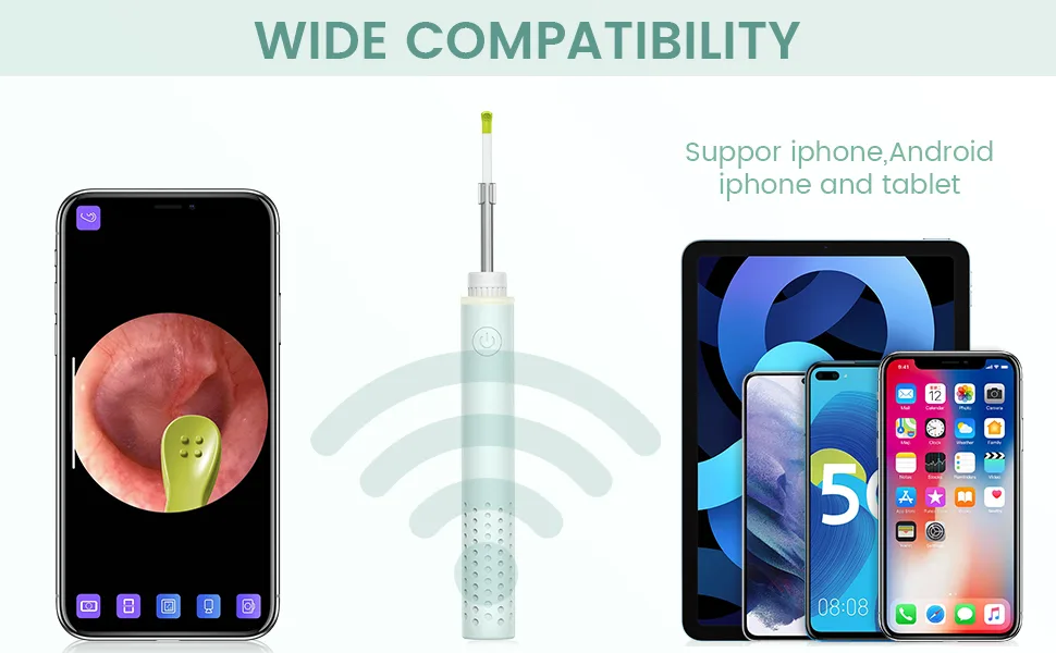 Ear Wax Removal Tools, Otoscope Ear Cleaning Camera,Scopearound Ear Endoscope with 6 Adjustable LED Lights, Earwax Removal Camera Compatible with iPhone & Android and Tablet. Green - Otoscope