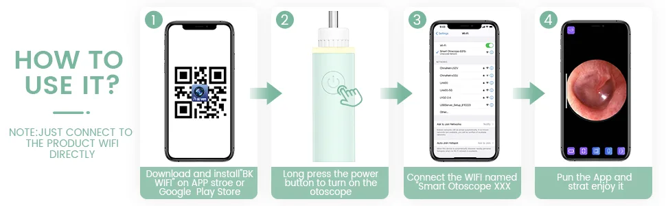 Ear Wax Removal Tools, Otoscope Ear Cleaning Camera,Scopearound Ear Endoscope with 6 Adjustable LED Lights, Earwax Removal Camera Compatible with iPhone & Android and Tablet. Green - USE IT