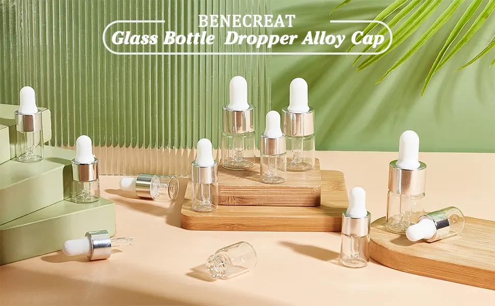 Benecreat 30 pack 1ml clear glass drip bottle eye bottles with essential oils silver caps and 4PCs drip bottle for aromatherapy cosmetics sample silver caps - product information 2