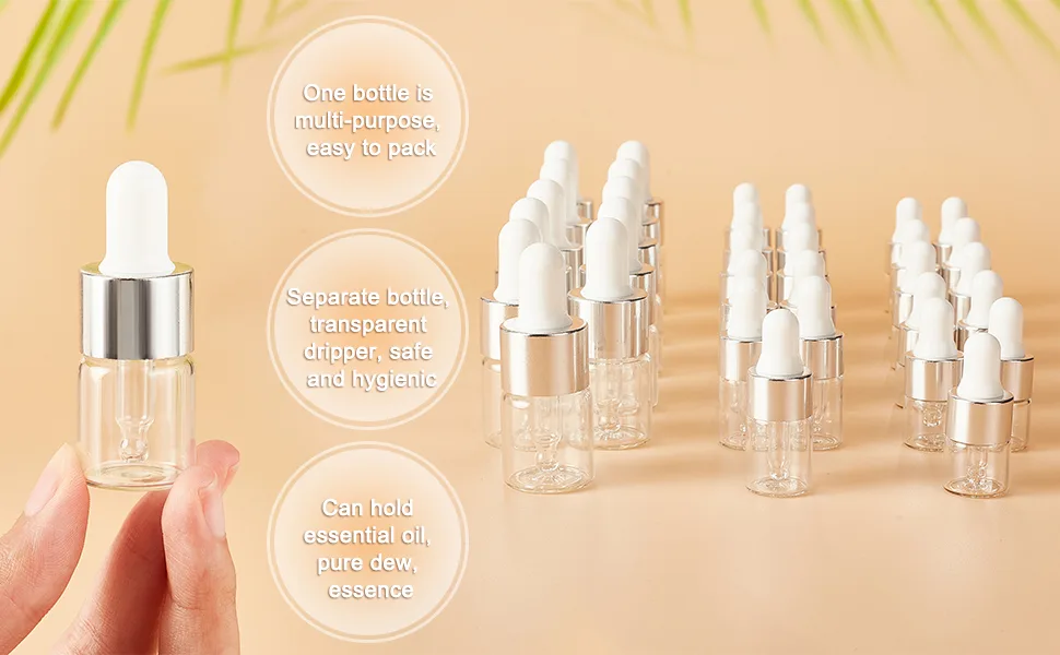 Benecreat 30 pack 1ml clear glass drip bottle eye bottles with essential oils silver caps and 4PCs drip bottle for aromatherapy cosmetics sample silver caps - product information 3