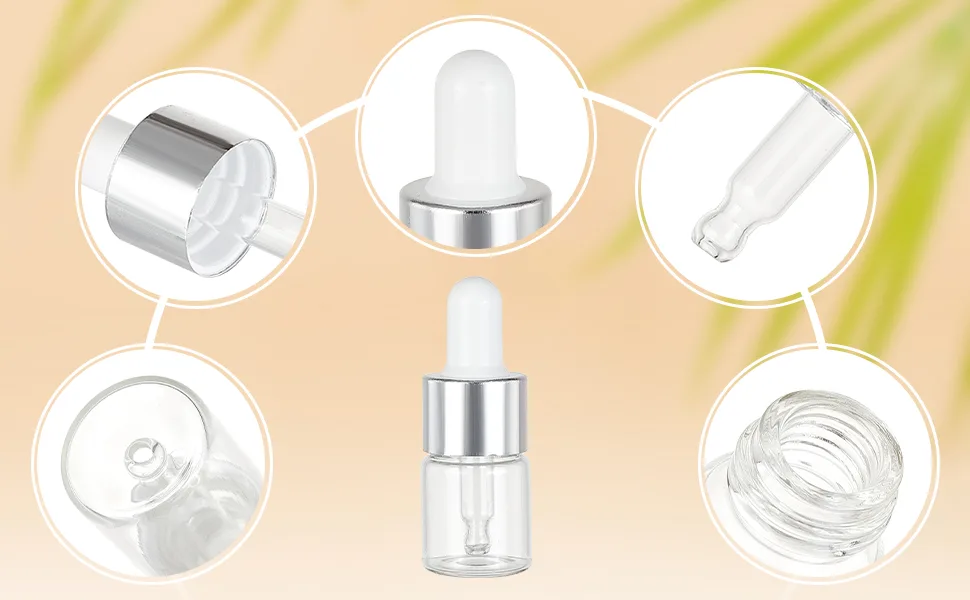 Benecreat 30 pack 1ml clear glass drip bottle eye bottles with essential oils silver caps and 4PCs drip bottle for aromatherapy cosmetics sample silver caps - product information 4